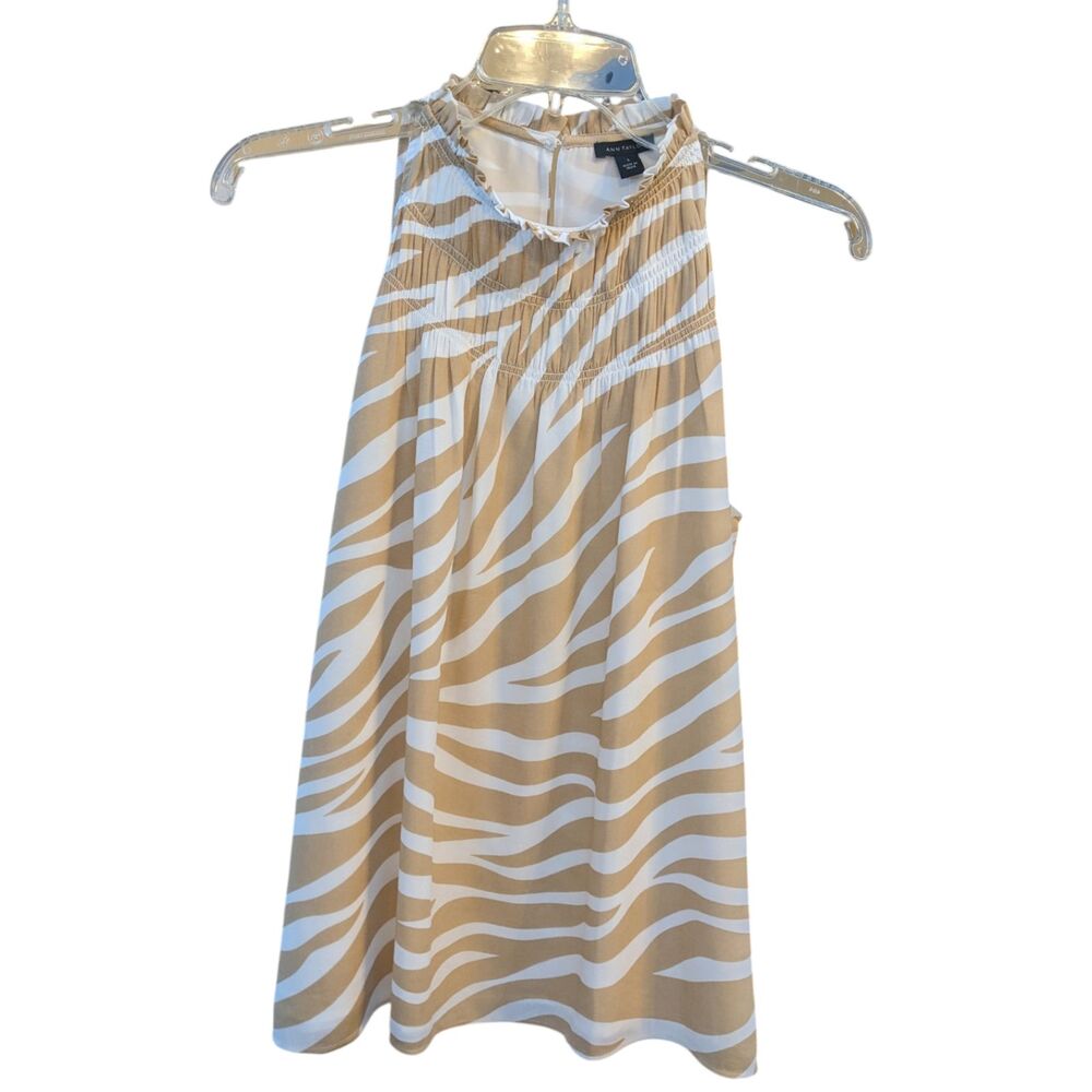 Ann Taylor NEW Zebra Print Smocked Ruffle Mock Neck Sleeveless Top Cream Tan S